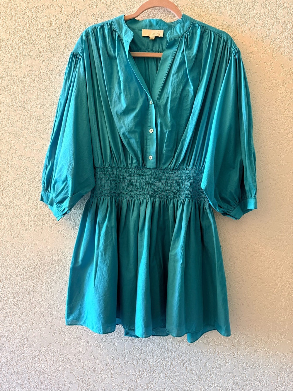 PINCH Teal 100% Cotton Mini Button V Neckline Smocked Waist Blouson Sleeves Sz L